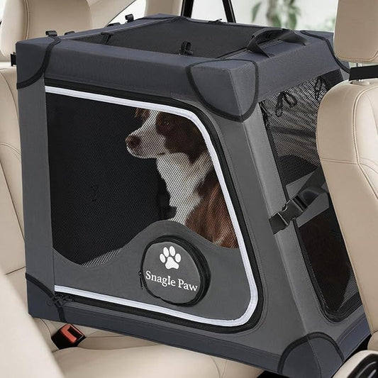 Snagle Paw Portable Dog Crate for Car Travel,Metal Frame Pet Crate,Pet Carrier for Car Back Seat Secures with Headrest Strap and Seatbelt,L,Gray