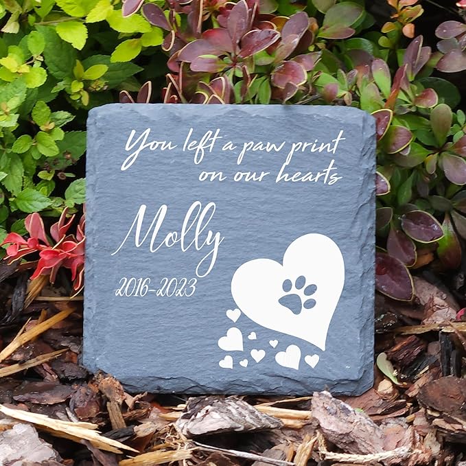 Personalized Individual Square Memorial Plaque + Stand for Pet Cat Dog Slate Stone Frame Paw Grave Marker - Size 3.94" x 3.94" or 100 x 100 mm - White Heart