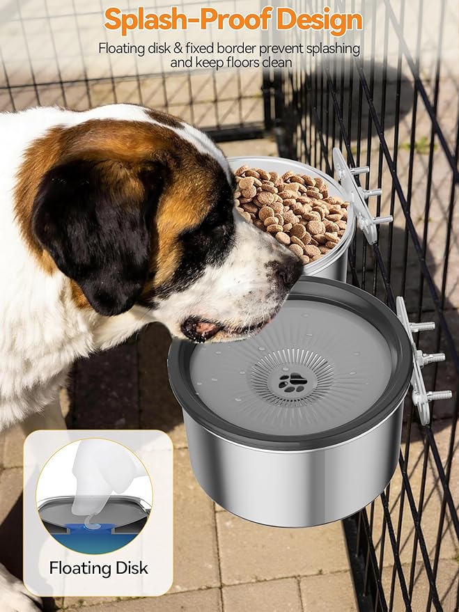 2PCS Spill Proof Dog Crate Water Bowl and Food Bowl Set, 2.5L Stainless Steel Dog Bowls for Cage, Kennel, Slow Drinking Dog Water Bowl for Large/Medium Pets, Hanging Pet Bowls