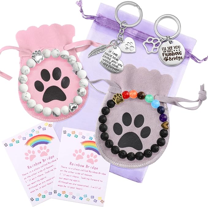 Jadive 9 Pcs Pet Memorial Gifts Sympathy Rainbow Memorial Bracelet Keychain with Poem Cat Card Dog Loss Remembrance Gifts for Men Women Who Loss of Beloved(Cute Style)