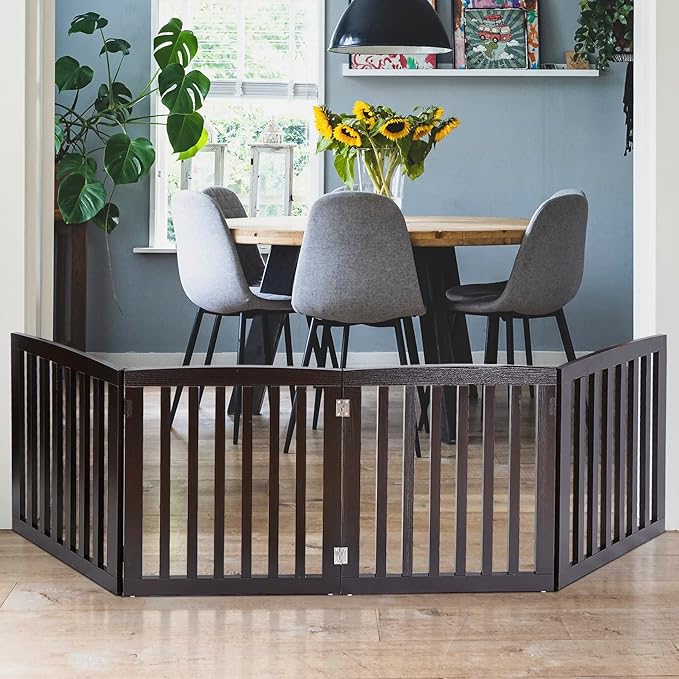 Freestanding Pet Dog Gate, 3-Panel/ 4-Panel Wooden Folding Fence for Hallway,Doorway,Hall,Stair,24 Inch Height Indoor Foldable Dog Fence (Brown, 4 Panel 24“)