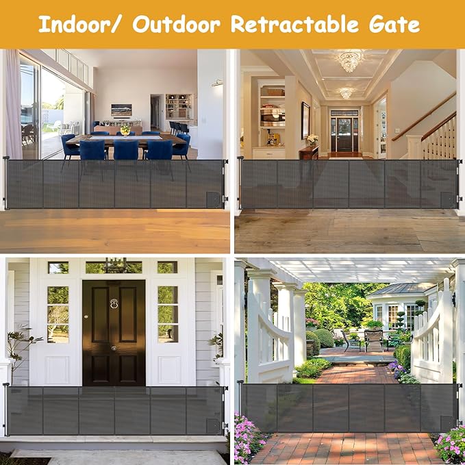 Reinforced 150” Extra Wide Retractable Baby Gate with Cat Door 12.5ft Outdoor Pet Gates for Wide Openings 33 Inch Tall Retractable Dog Gates for Doorways Long Pet Gate Indoor with Cat Door, Black