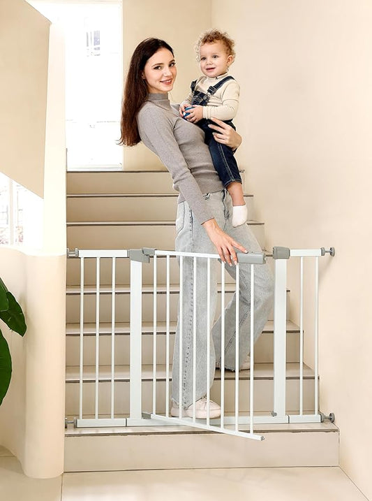 29"-57" Baby and Pet Safety Gate, 30" Tall Metal Walk-Thru Gate for Doorways & Stairs, Easy One-Hand Open, Dual Lock, Extensions & Wall Mounts Included (White, 29"-46" W x 30.5“H)
