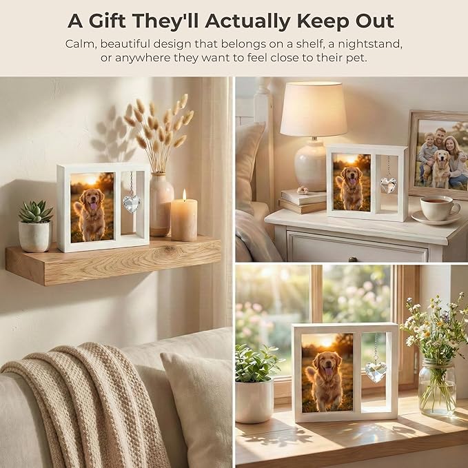 Dog Memorial Gift for Loss of Dog – 4x6 Wooden Photo Frame with Crystal Heart Suncatcher, Pet Memorial Picture Frame Keepsake