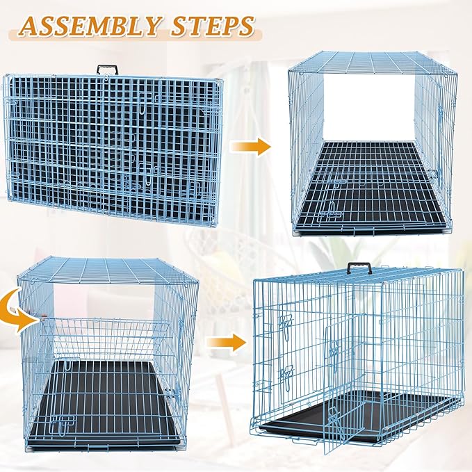 Dog Crate for Large Medium Dogs Folding Dog Kennel Cage with Plastic Tray & Divider 48" Indoor Outdoor Metal Double Door Pet Playpen Heavy Duty Dog Pen Enclosure Blue