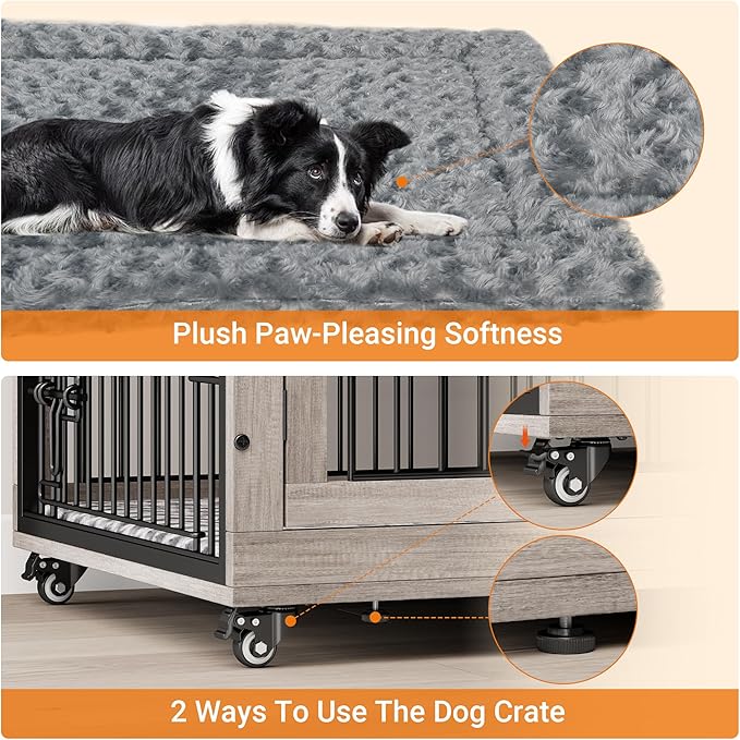 Lulive Dog Crate Furniture, XL Wooden Dog Kennel Indoor Double Doors Dog Cage, 44'' Heavy Duty Dog Crate with Cushion & Wheels, Decorative End Table Chew-Resistant for Extra Large/Medium, Grey