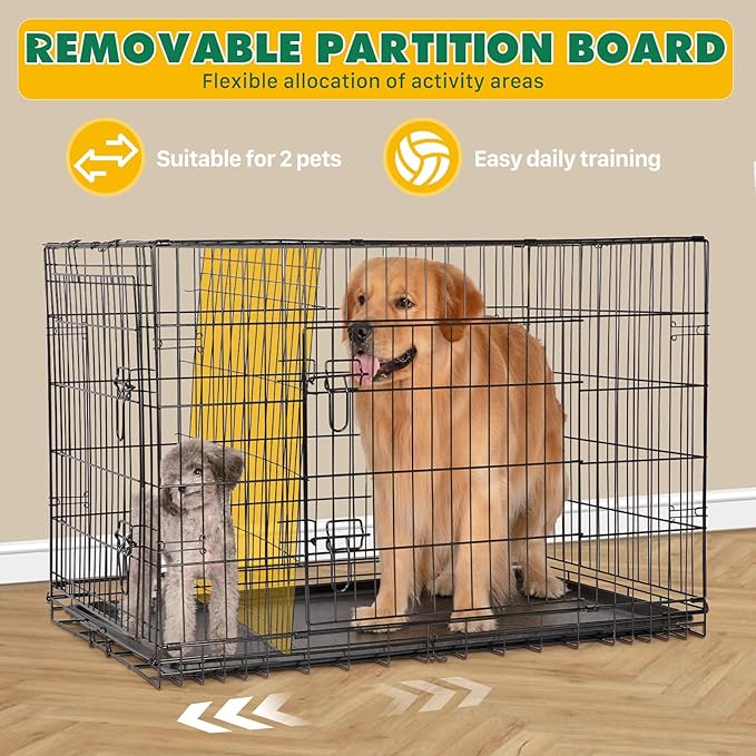 DUMOS Dog Crate, 48 Inch Large Double Door Dog Cage with Plastic Leak-Proof Pan Tray, Folding Extra Large Size Metal Wire Pet Kennel for Indoor, Outdoor, Travel