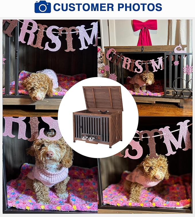 Dog Crate Furniture, Foldable Wooden Dog Kennel Furniture with 360° Rotating Feeding Bowls, Iron Frame Dog Crate with Deepened Sliding Tray - Dark Brown