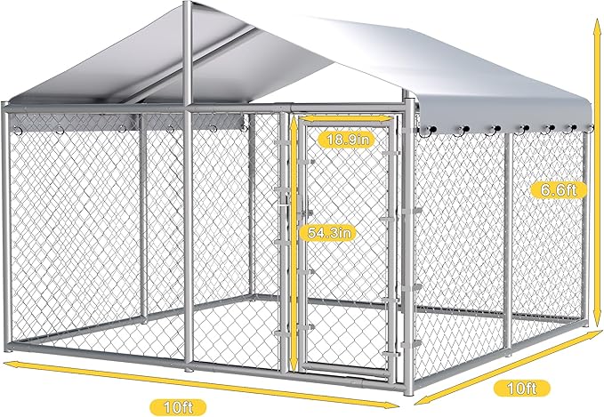 10x10ft Extra Large Dog Kennel Outdoor, Heavy-Duty Outside Dog Kennel with Roof, Security Latch-Lock Door, Chain-Link Dog Enclosure Dog Run for Yard with Cover