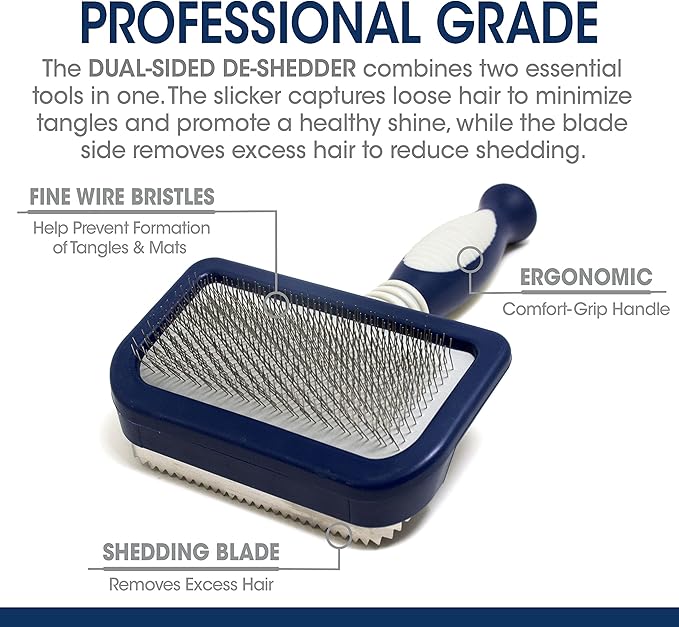 Four Paws Professional Series Grooming Brushes for Dogs & Cats, 2-in-1 Slicker Brush and Shedding Blade, Rubberized Handle, All Coat Types, Available in 3 Sizes