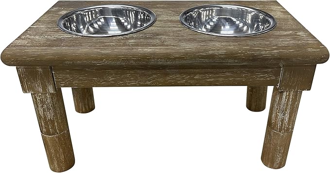 | Adjustable Dog Feeder - 3 Height Levels - Aluminum Bowls - Washed Oak Finish - Farm House Pet Supplies - 16" Tall - 12" Tall - 8" Tall