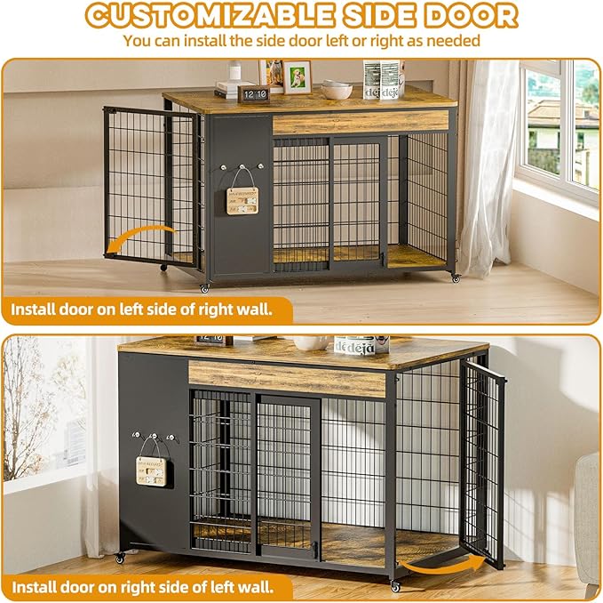42" Dog Crate Furniture - Dog Crate with DIY Frame, Sliding Door Indoor Kennel, Wooden Dog Cage End Table, for Large Breed, Rustic Brown Size XL