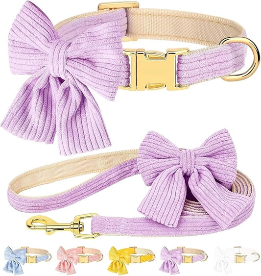 Dog Collar and Leash Set with Bowtie, Girl Dog Collars Metal Buckle Adjustable for Small Medium Dogs (Purple, S: Neck 10"-16" Leash 5 FT)
