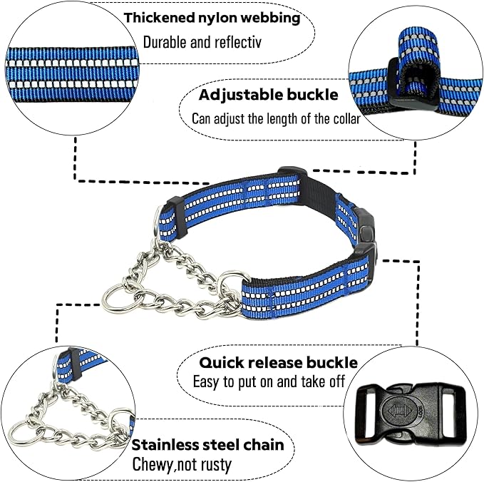 Martingale Dog Collars, Reflective Nylon Collar with Stainless Steel Chain, Adjustable Walking Training Dog Collars with Quick Release Buckle, Suitable for Small Medium Large Dogs(Blue,XL)