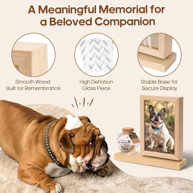 Dog Memorial Gifts for Loss of Dog – Rotating Wooden 4x6 Picture Frame with Fur Keepsake Jar & Writable Name Card, Pet Remembrance Sympathy Gift for Dog & Cat Lovers (Natural Wood)