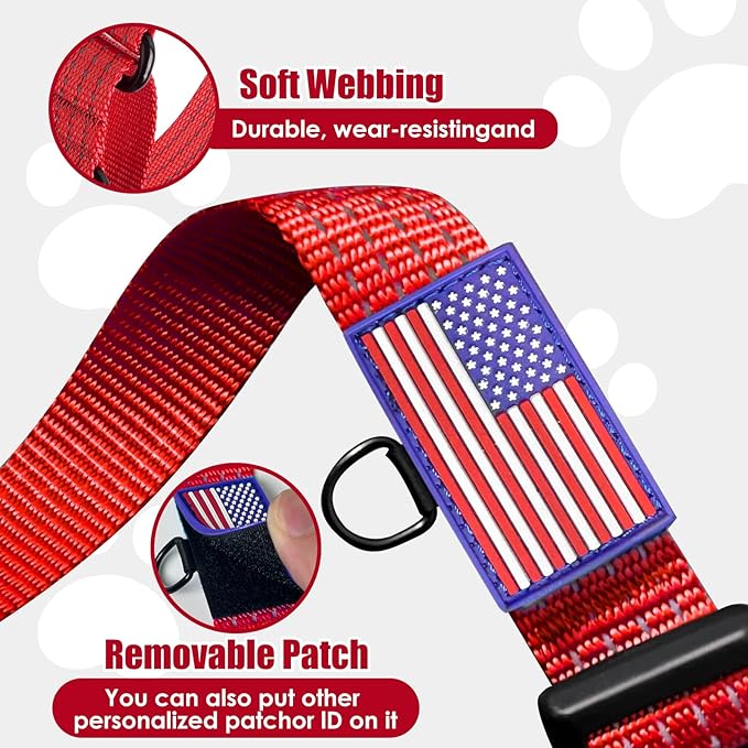 Martingale Dog Collar, Reflective No Pull Training Collar with Quick Release Buckle & USA Flag, Heavy-Duty Nylon, Adjustable for Small Medium Large Dogs, L,Red with Flag