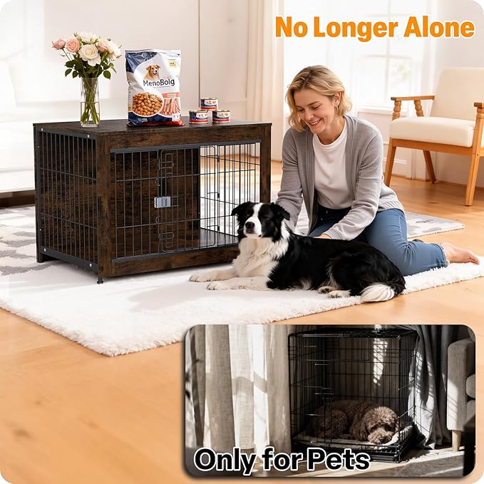 Furniture Style Dog Crate, 38" Wooden Dog Kennel End Table with Solid Top, Indoor Pet Crate House with Secure Slide Lock, Modern Dog Cage Furniture for Small & Medium Dogs, Aged Black