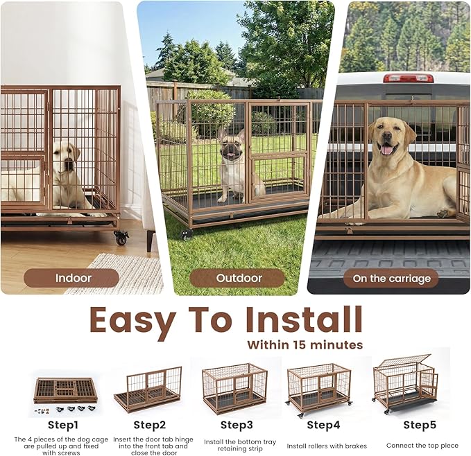 Gardner Pet 32 inch Stackable Heavy Duty Dog Crate,Indestructible Escape-Proof Dog Kennel for Small Dogs,High Anxiety Dog Cage with Upgraded Lockable Wheels，Removable Tray & Triple Door,Brown