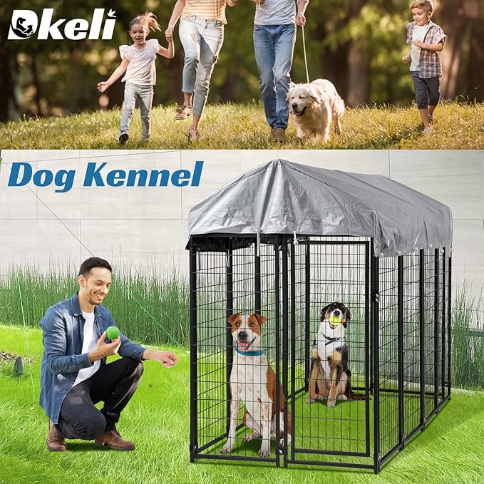 Large Dog Kennel Outdoor 8'L x 4'W x 6'H, Extra Large Welded Wire Pet Cage Playpen with UV Protection Waterproof Roof Heavy Duty Galvanized Metal Dog Run Enclosure for Outside