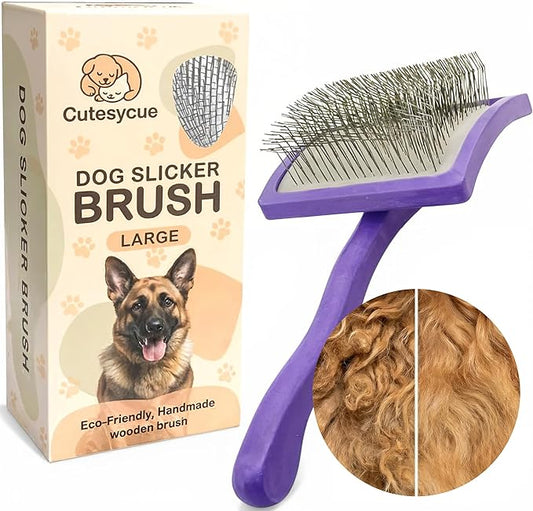 Dog Slicker Brush for Large Dogs – Gentle Long Bent Pins for Goldendoodles, Labradoodles & Poodles – Removes Tangles, Knots & Mats – Eco-Friendly Handmade Wood Brush, Groomer-Recommended Comfort Grip