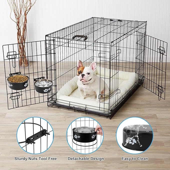 Stainless Steel Dog Crate Bowls Hanging No Spill 2 PCS - Adjustable Mountable Kennel Bowls for Medium/Large Dogs, Anti Spill Water & Food Bowl Set (Black, L(6.3"+7.1"))