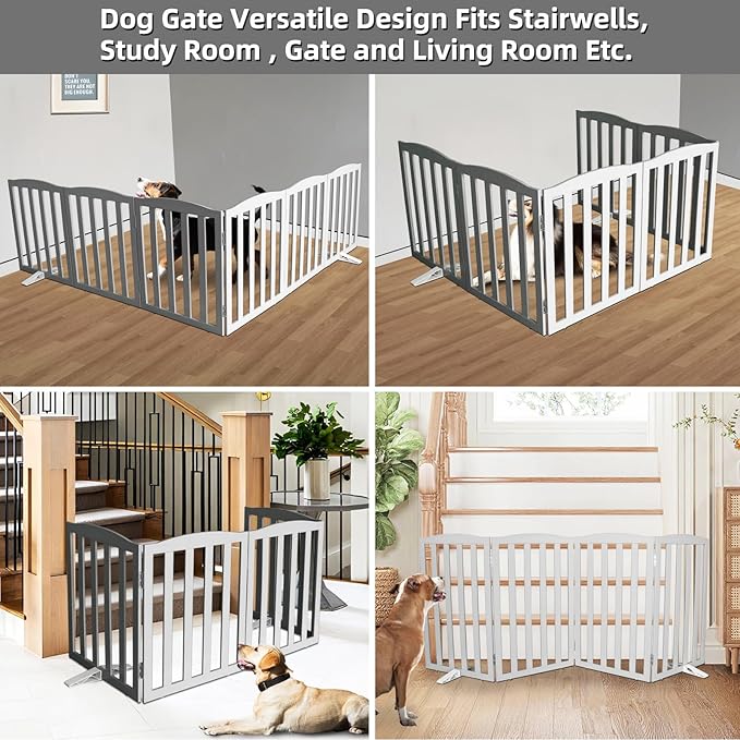Freestanding Dog Gate Indoor,Doggie Gate Foldable Pet Gates for Doorways,Stairs or Hallways, Wooden Grey Pet Gate for the House, Pet Fence with Support Feet Included,24 "Height-6 Panels
