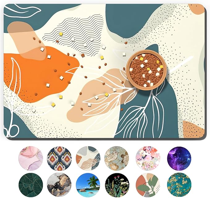 Dog Food Mat, 12" x 19" Boho Absorbent Dog Cat Bowl Mat for Food and Water, Cute Anti-Slip Rubber Pet Feeding Rug Protect Floors, Placemat for Feeding & Watering Supplies, Boho Abstract