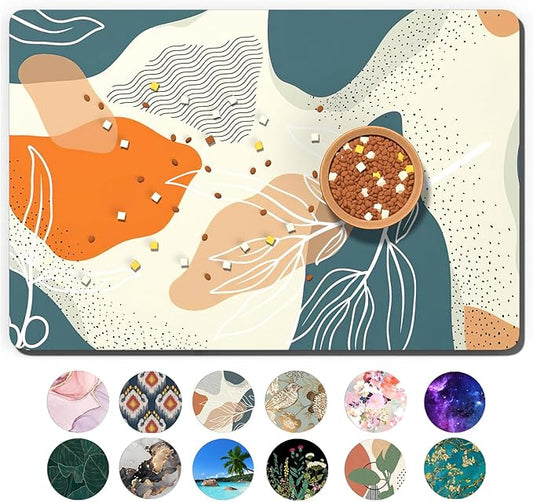 Dog Food Mat, 12" x 19" Boho Absorbent Dog Cat Bowl Mat for Food and Water, Cute Anti-Slip Rubber Pet Feeding Rug Protect Floors, Placemat for Feeding & Watering Supplies, Boho Abstract