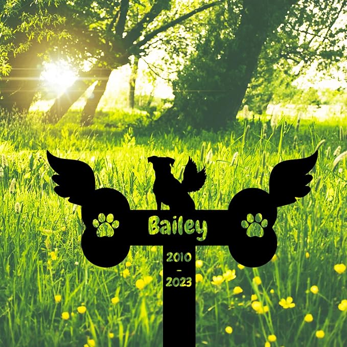 Custom Dog Paws Bone Memorial Grave Marker with Wings, Personalized Dog Memorial Grave Marker Metal Garden Stake Plaque for Dog Grave, Dog Memorial Garden Marker Pet Sympathy Gift
