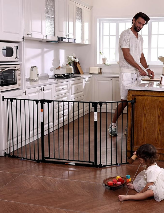Babelio 72" Extra Wide Baby Gate, 30" Tall Auto Close Dog Fence for Stairs Kitchen Doorways Fireplace, Hardware Mounted Pet Gate Indoor, Foldable 3 Metal Panels, Black