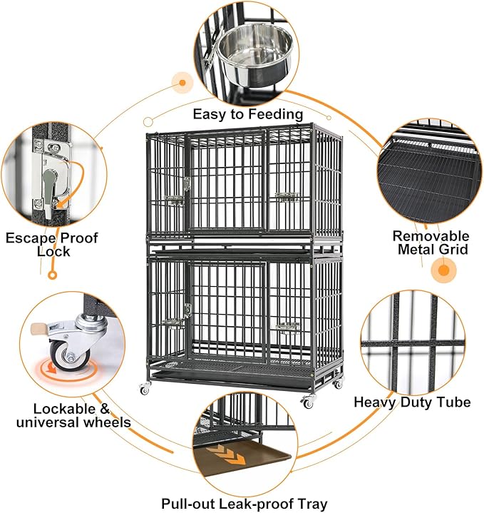 Homey Pet Two Tiers 37 Inch Dog Crate Cage Kennel with Feeding Bowls, Lockable Wheels and Removable Tray, Escape Proof Metal Wire Heavy Duty Dog Crates for Medium/Small Sized Dogs (2 Pack)
