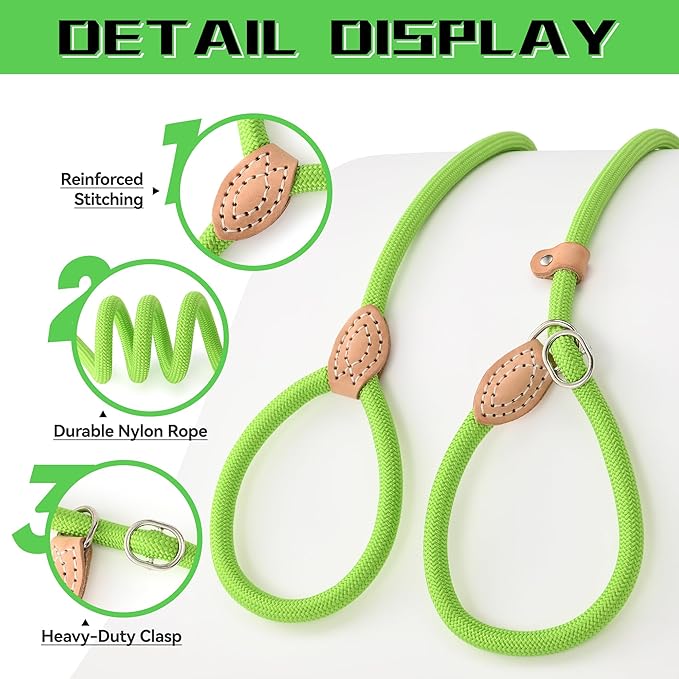 Mile High Life Slip Lead Dog Leash - 4FT, 5FT, 6FT Heavy Duty Rope Leash for No Pull Training, Durable Braided Dog Lead with Leather Stopper & Tip for Medium Large Dogs