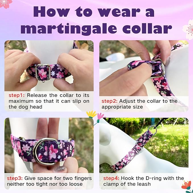 Hikiko Martingale Collar for Dogs with No Buckle Purple Floral Female Dog Collar Cute Girl Dog Collars for Large Dogs,Japanese Purple,L