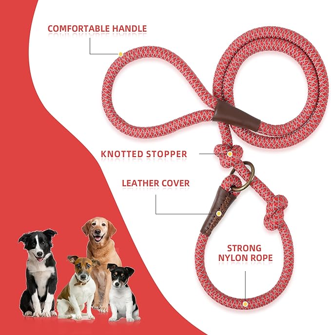Mile High Life Slip Leads for Dogs | Reflective Slip Leash with Leather Tip | Heavy Duty Dog Training Leash - 4 Feet Climbing Rope (Red)