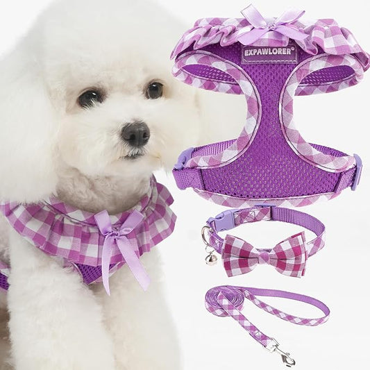 EXPAWLORER Cute Dog Harness Collar Leash Set - Purple Girl Dog Harness Checkered Step-in Design, Detachable Bow Pet Collar, Adjustable No-Choke Lightweight Mesh Vest for Small Medium Dogs, M