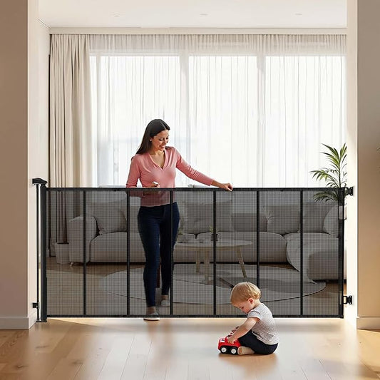 VEVOR Retractable Baby Gate, Extends to 120 inch Extra Wide, 38.5 inch Tall, with Reinforced Fiberglass Strips, Avoids Crawling Through, Mesh Dog Gate for Decks, Doorways, Garages, Indoor, Black
