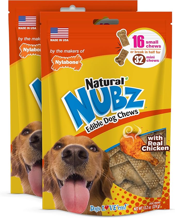 Nylabone Nubz Natural Dog Chew Treats for Small Dogs, Long Lasting Dog Bones Made in USA, Chicken Flavor Breath Freshener Dental Chews, For Dogs Up to 25 lbs. (32 Count)