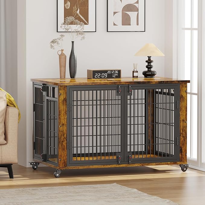 EasyCom 90% Pre-Assembled 41" Moveable XL Dog Crate, Large Dog Crate Furniture with Top-Access Teasing/Feeding Doors, Chew-Resistant Dog Kennel Indoor Furniture for Medium and Large Dogs