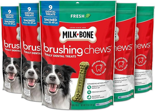 Milk-Bone Brushing Chews Original Chicken Flavor Daily Dental Dog Treats, Small/Medium, 7.1 Oz. Bag (Pack of 5) Dog Treats, Fresh Breath, Small/Medium, 7.1 Oz. Bags, 9 Bones Per Bag (Pack of 5)