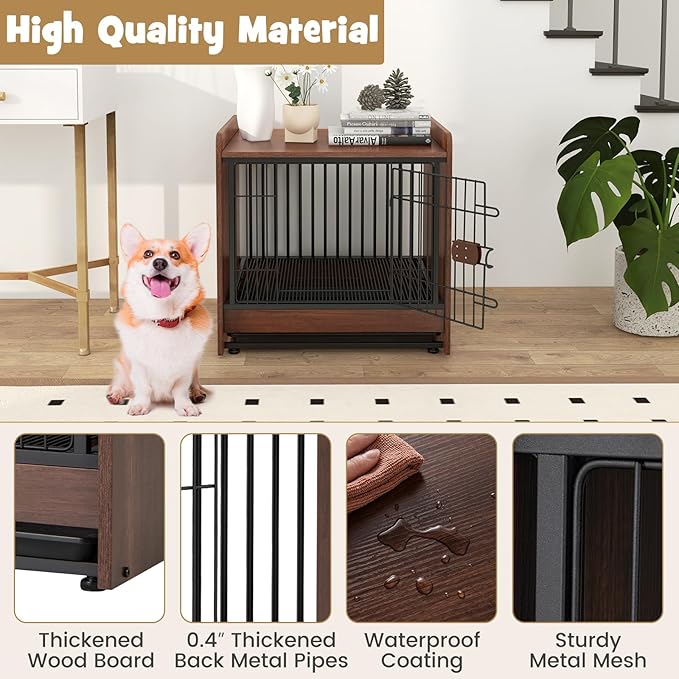 PETSITE Dog Crate Furniture, Industrial Style Dog Crate with Lockable Door, Removable Tray, Adjustable Foot Pads, Indoor Dog Kennel Side Table for Small and Medium Sized Dogs, 24.5 x 19.5 x 24 in