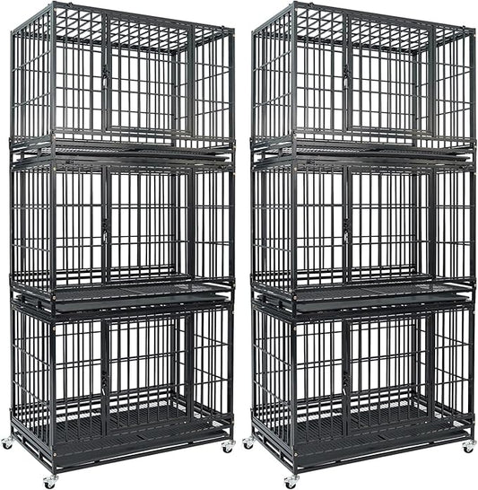 6-Pack 36 inch Stackable Heavy Duty Dog Crate, Metal Escape Proof Dogs Cage Kennel with Lockable Wheels, Removable Tray & Metal Grid, Top Access for High Anxiety Dogs Medium/Small Dogs