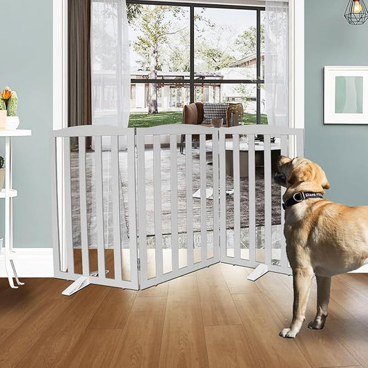 ZJSF Foldable Freestanding Indoor Dog Gate for House Wood Long Pet Gates Dog Fence for Stairs Puppy Gates for Hallways, Puppy Gate,Support Feet Included, Grey, 32 "Height-3 Panels
