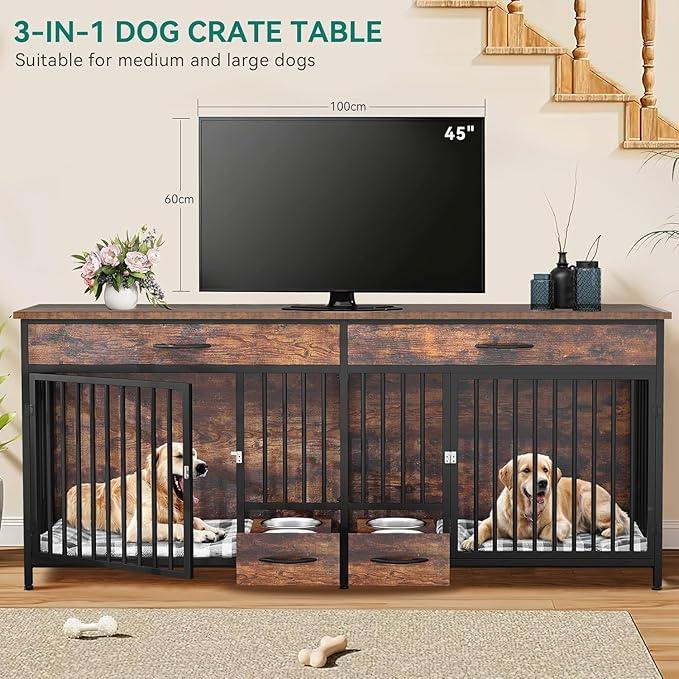 YITAHOME 91.3" Double Dog Crate Furniture with Dog Feeder, Heavy Duty Indoor Dog Kennel TV Stand with Drawers, Sturdy Dog Kennel with Divider for 2 Medium Large Dogs, Brown