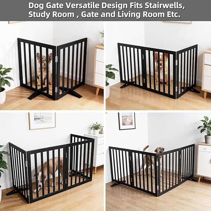 Dog Gate Indoor, Freestanding Dog Fence for The House, Doorways, Hallways,or Stairs,Pet Gate Foldable Wooden,Expandable 32" Height 2 Panels,Black