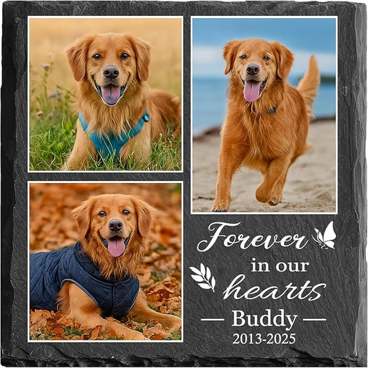 Custom Pet Memorial Stone - Dog Memorial Stone for Loss of Pet - Personalized Pet Headstone with Multiple Photo - Outdoor Garden Indoor Dog Cat Loss Bereavement Gift for Pet Lovers (06)