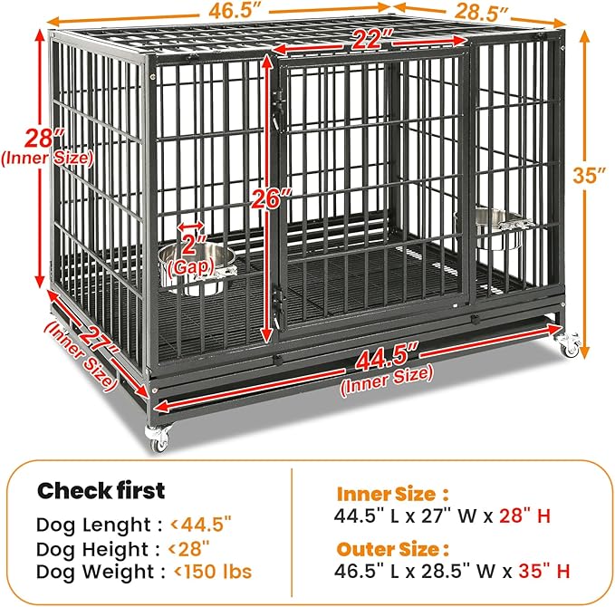 Homey Pet Heavy Duty Dog Crates for Large Dogs, 47 Inch Stackable Large Dog Crate Cage with 4 Wheels, 2 Removable Trays and Grids, 2 Bowls, Multi Locks Strong & Solid Escape Proof Dogs Kennel Indoor