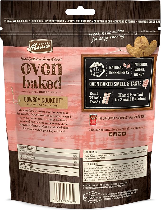 Merrick Oven Baked Natural and Crunchy Bag of Bacon Treats, Cowboy Cookout Recipe with Real Beef and Bacon - 11 oz. Bag (Pack of 2)