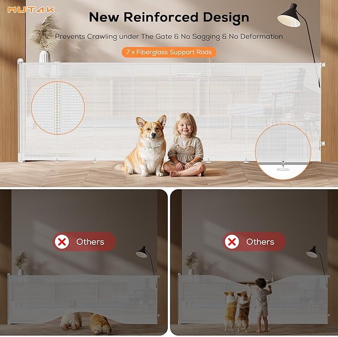 Retractable Baby Gate for Stairs, 42" Tall X 200" Wide Mesh Dog Gate Indoor, Child Gate for Doorways, Hallways, Deck, Indoor Outdoor Pet Baby Safety Essentials for Home, White
