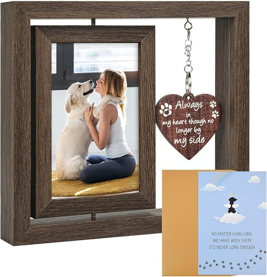 Dog Memorial Gifts – Rainbow Bridge Pet Loss Picture Frame with Rotating Double-Sided 4x6 Display, Wooden Pet Memorial Frame with Hanging Heart Charm, Sympathy Gift for Loss of Dog or Cat