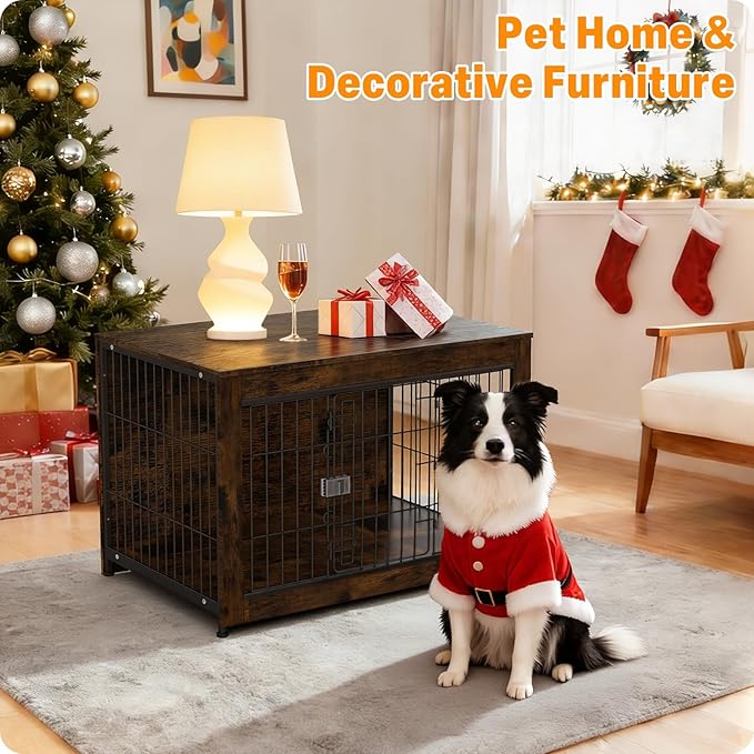 Furniture Style Dog Crate, 38" Wooden Dog Kennel End Table with Solid Top, Indoor Pet Crate House with Secure Slide Lock, Modern Dog Cage Furniture for Small & Medium Dogs, Aged Black
